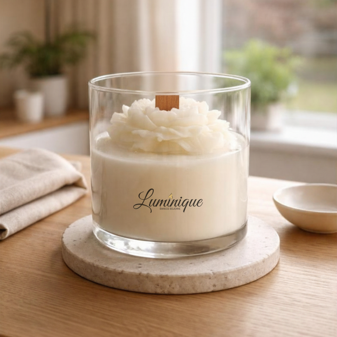 Świeca sojowa w szkle z piwonią – zapach kwiatowy | świeca zapachowa 350 g