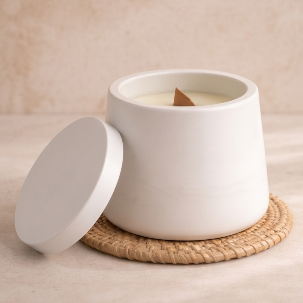 Świeca sojowa w gipsowej formie w kształcie minimalistycznego naczynia z pokrywką - Burza Pustyni | Handmade