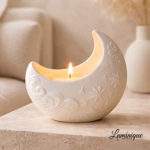 Świeca sojowa handmade Księżyc – zapach 1001 nocy | dekoracyjna świeca gipsowa