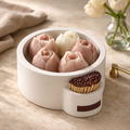 White ceramic holder with floral designs on a wooden surface