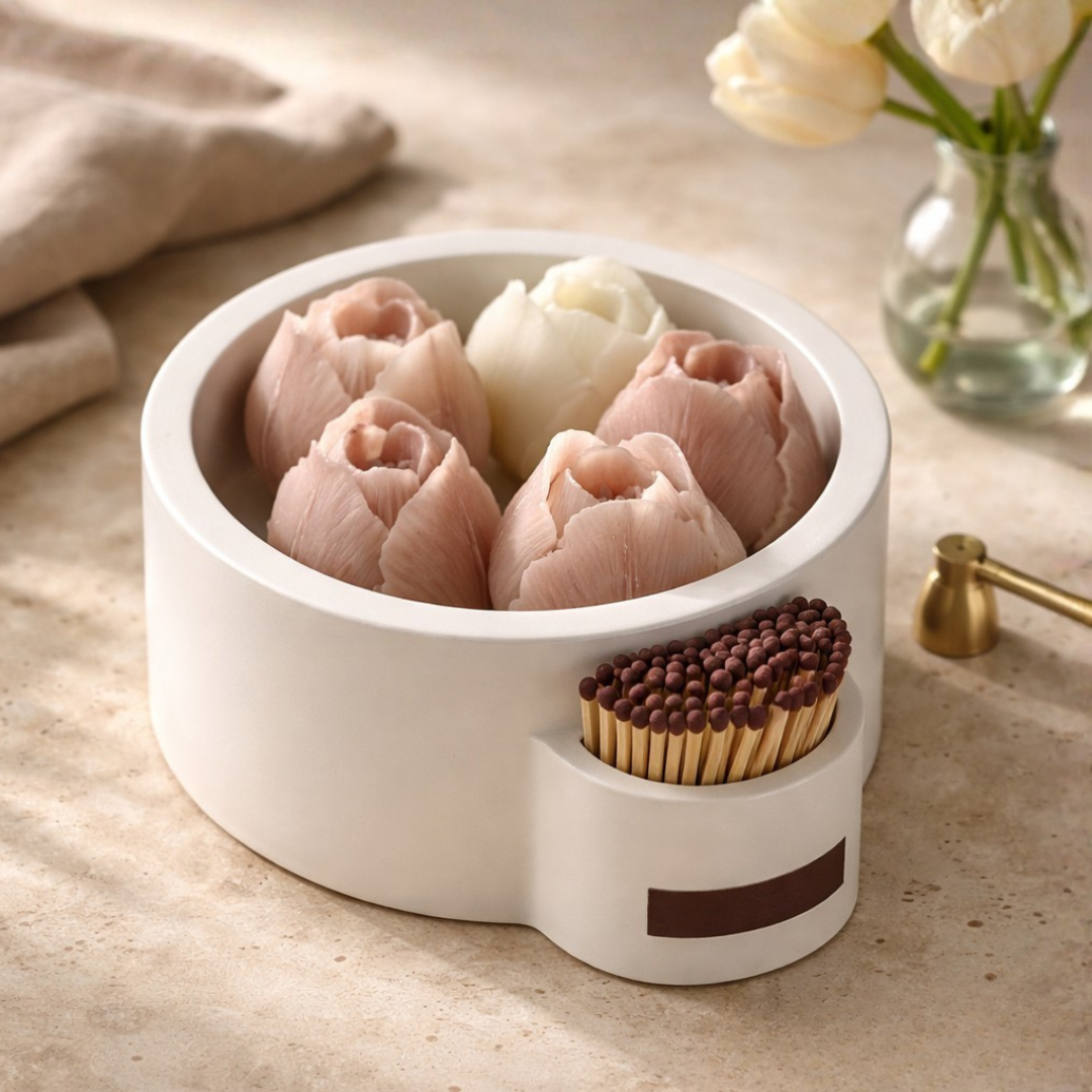 White ceramic holder with floral designs on a wooden surface