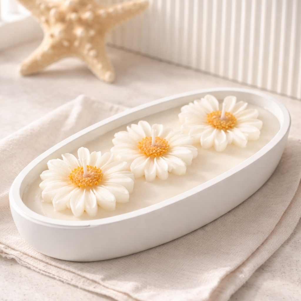 Świeca sojowa handmade w gipsie polimerowym – stokrotki | zapach bergamotki i magnolii | wiosenna świeca 400 g