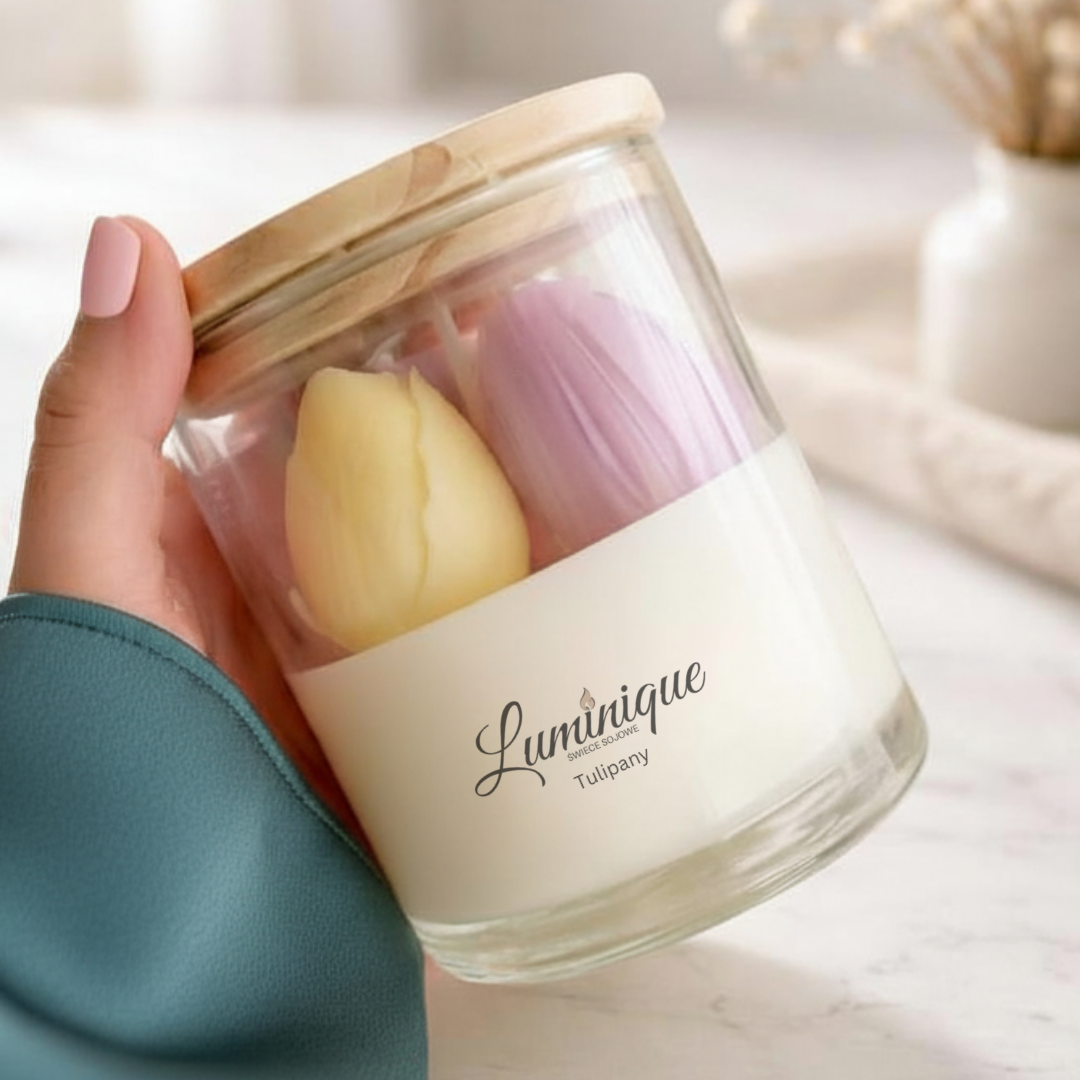 Świeca sojowa handmade Tulipany w szklanym cylindrze – zapach tulipanów | 5 kolorów