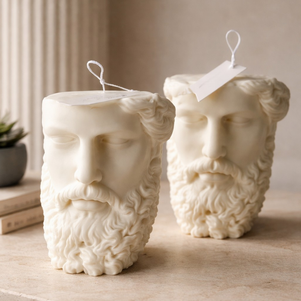 Two white face-shaped candles on a wooden surface with a neutral background