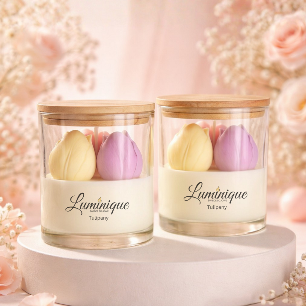 Świeca sojowa handmade Tulipany w szklanym cylindrze – zapach tulipanów | 5 kolorów