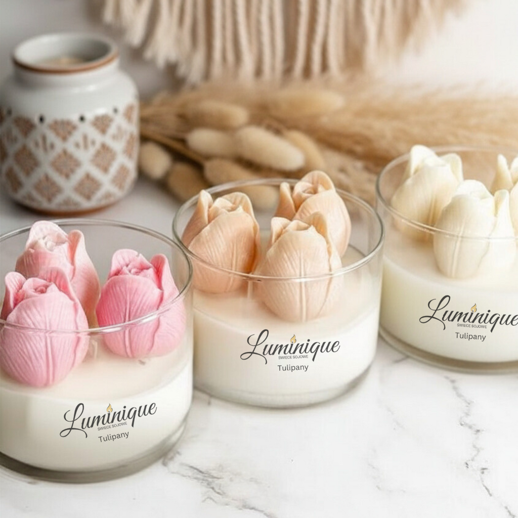 Świeca sojowa handmade Tulipany w szklanym cylindrze – zapach tulipanów | 5 kolorów