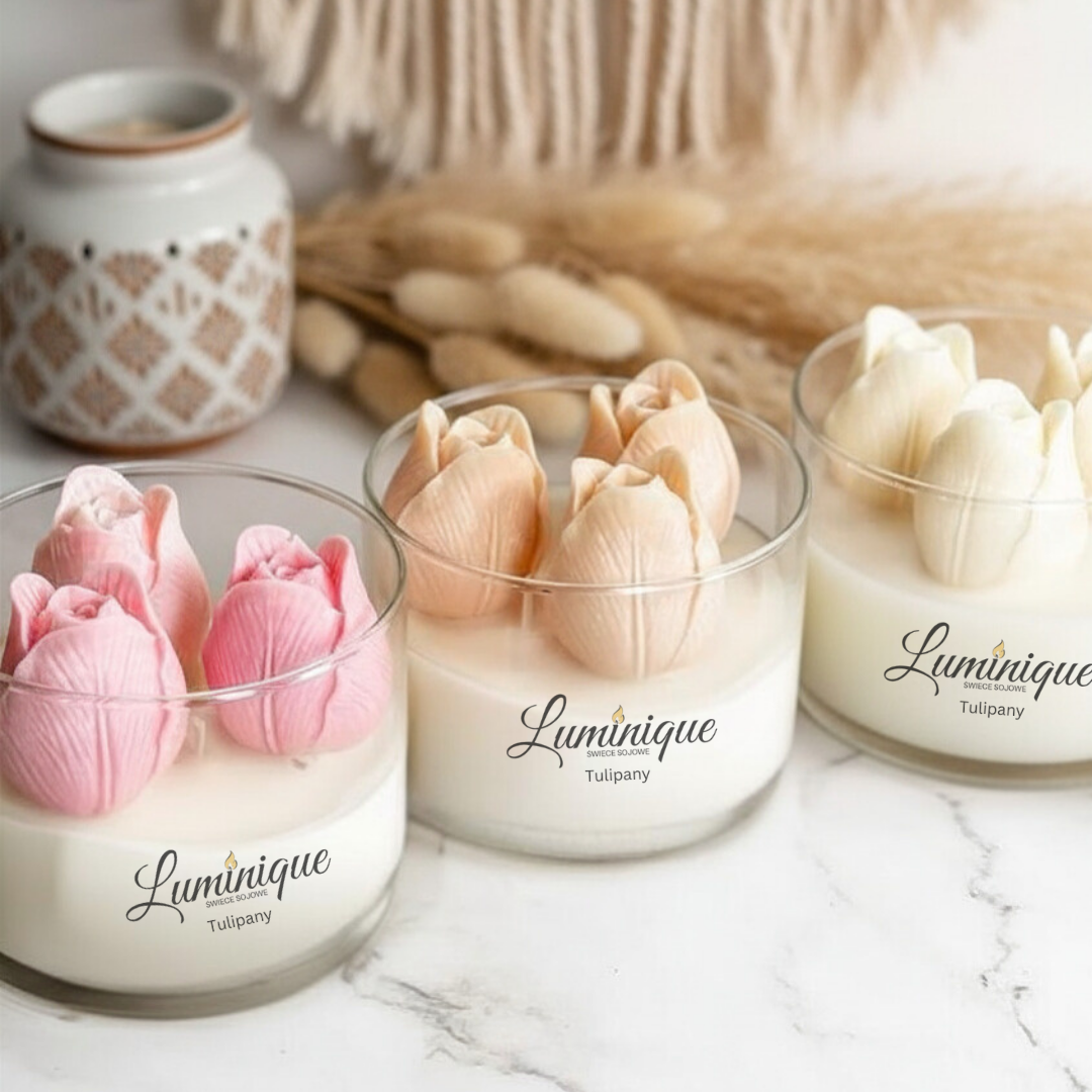 Świeca sojowa handmade Tulipany w szklanym cylindrze – zapach tulipanów | 5 kolorów