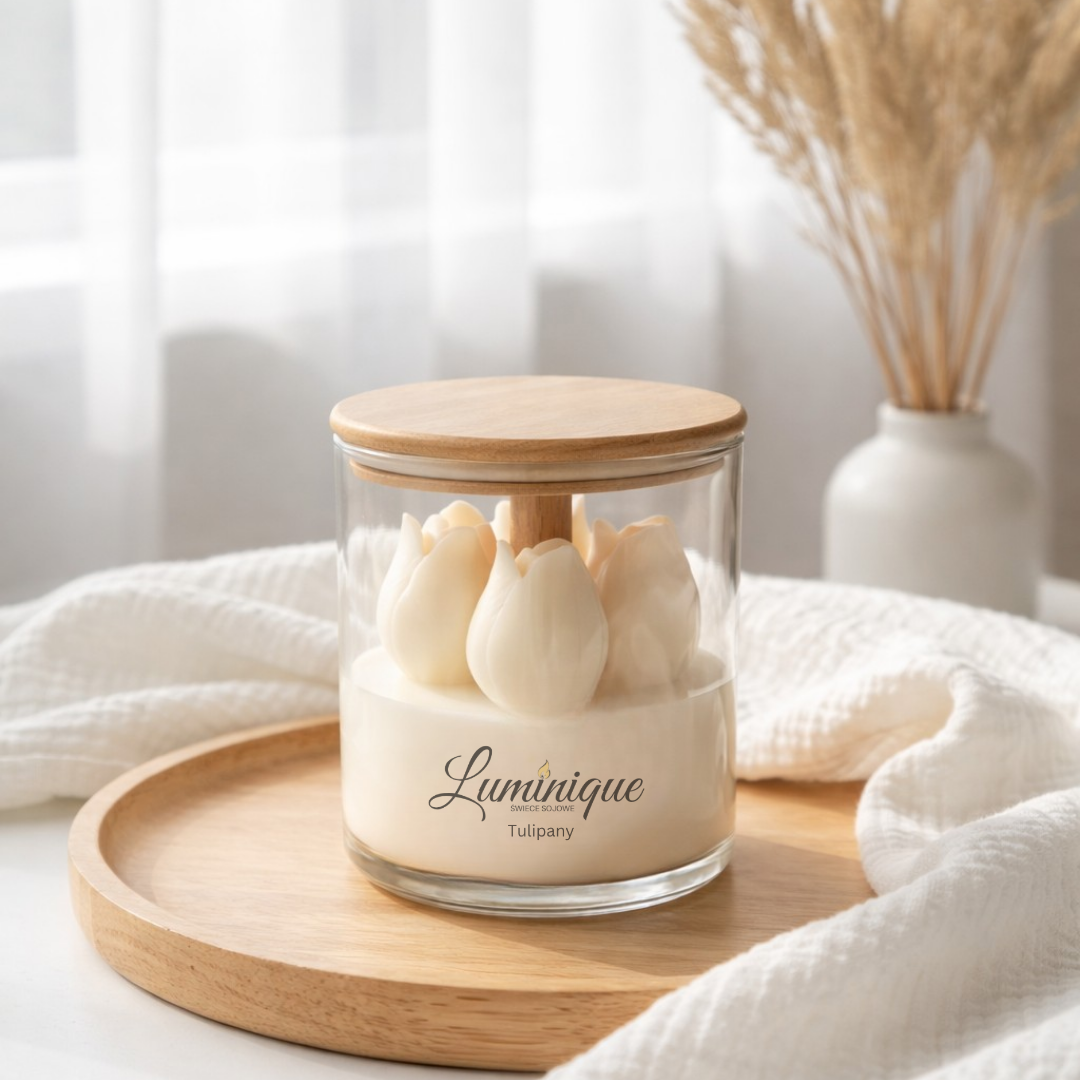 Świeca sojowa handmade Tulipany w szklanym cylindrze – zapach tulipanów | 5 kolorów