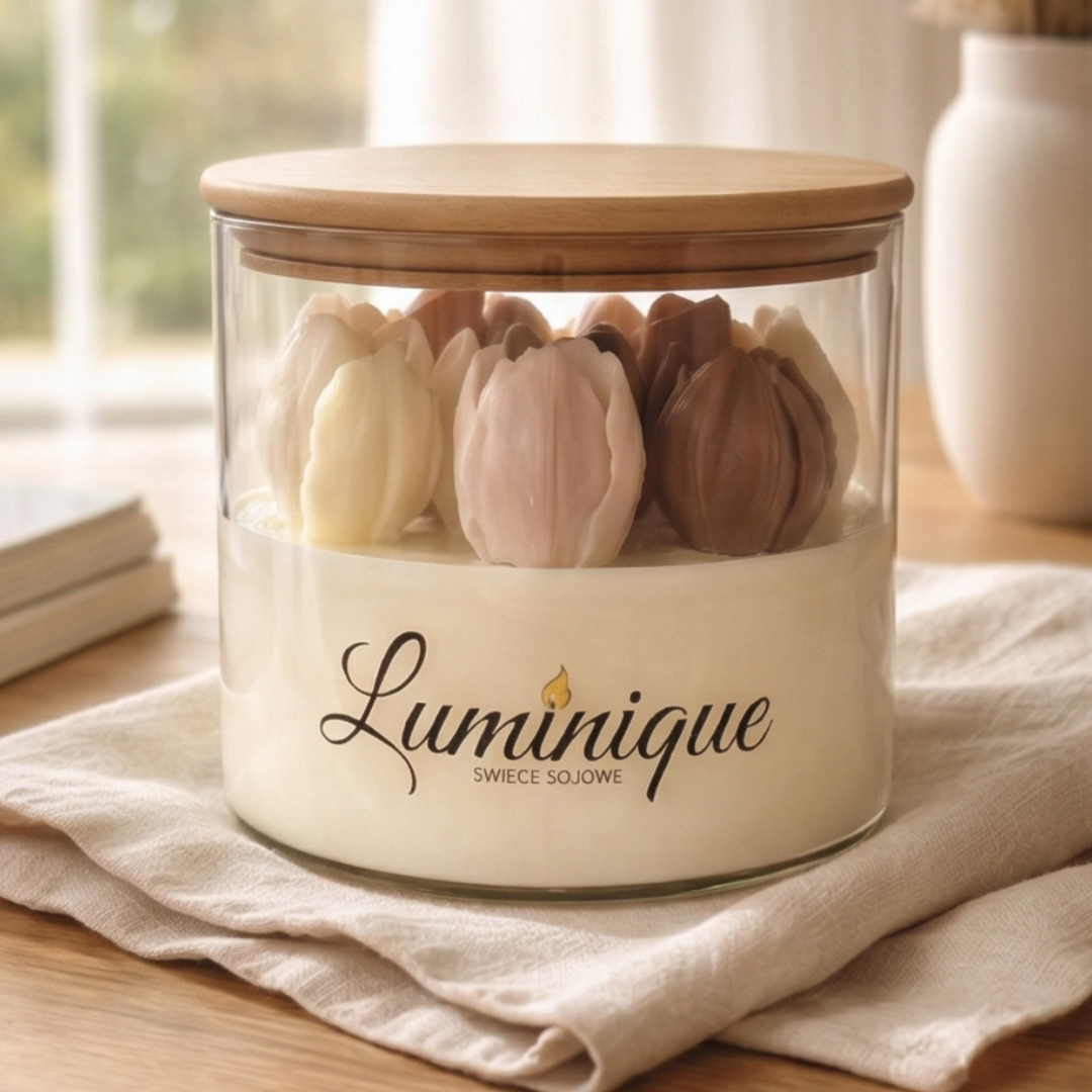 Świeca sojowa handmade w szklanym cylindrze z bambusową pokrywką - Wiosenne tulipany - Zapach kwiatowy tulipany