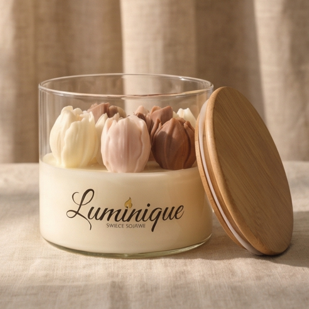 Świeca sojowa handmade w szklanym cylindrze z bambusową pokrywką - Wiosenne tulipany - Zapach kwiatowy tulipany