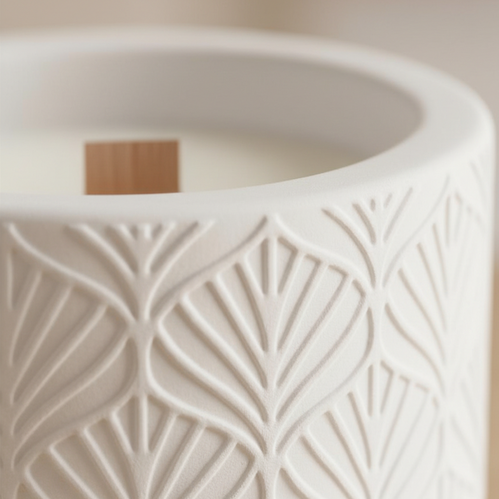 Świeca sojowa w gipsowej formie w kształcie minimalistycznego naczynia z pięknym tłoczonym wzorem - zapach Zanzibar | Handmade