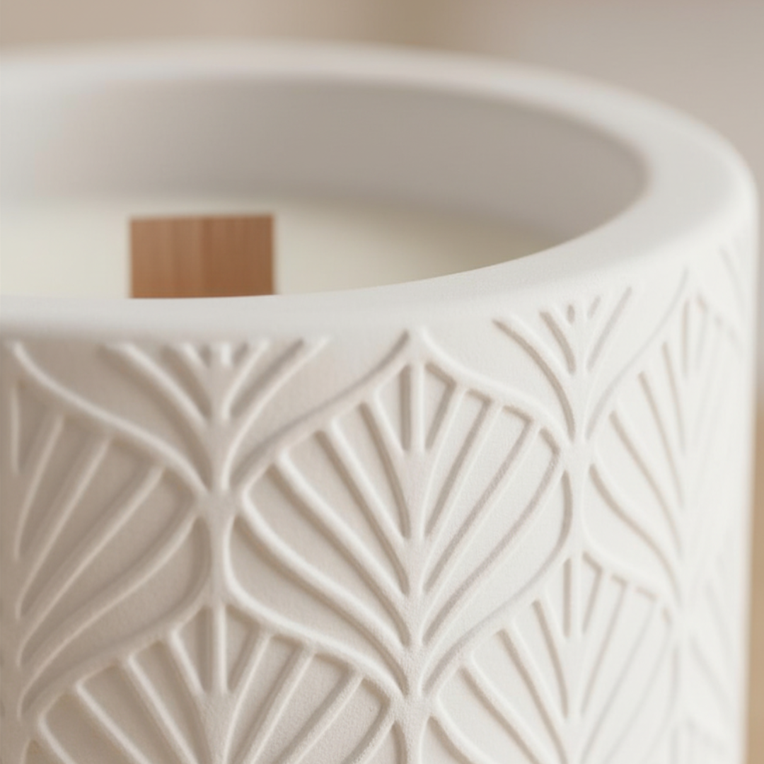 Świeca sojowa w gipsowej formie w kształcie minimalistycznego naczynia z pięknym tłoczonym wzorem - zapach Zanzibar | Handmade