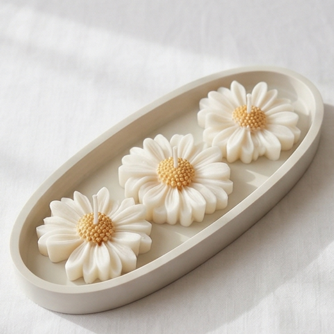 Świeca sojowa handmade w gipsie polimerowym – stokrotki | zapach bergamotki i magnolii | wiosenna świeca 400 g