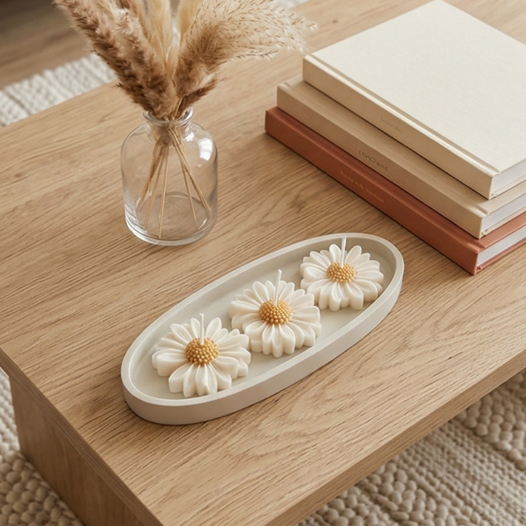 Świeca sojowa handmade w gipsie polimerowym – stokrotki | zapach bergamotki i magnolii | wiosenna świeca 400 g